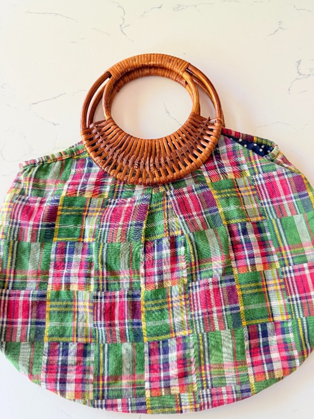 Heritage 1981 Madras Plaid Tote Rattan Ring Handles Coastal Preppy Cottagecore